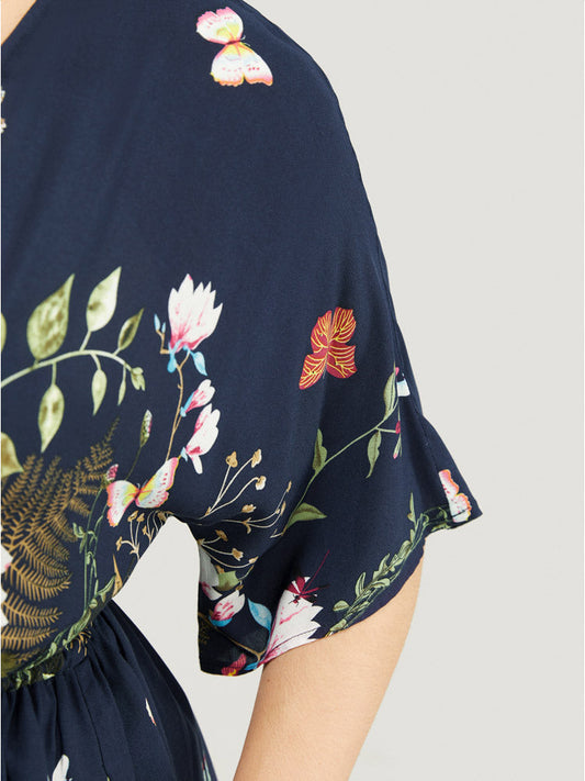 Butterfly & Floral Print Ruffle Hem Ties Open Front Kimono