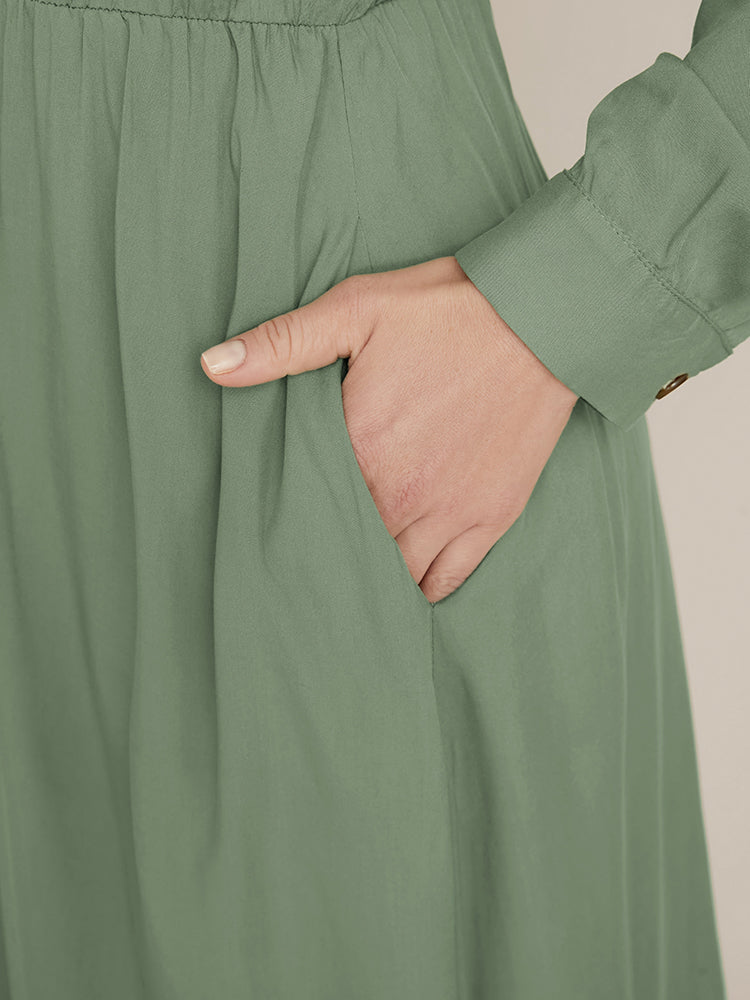 Plain Pocket Surplice Neck Flutter Hem Dress