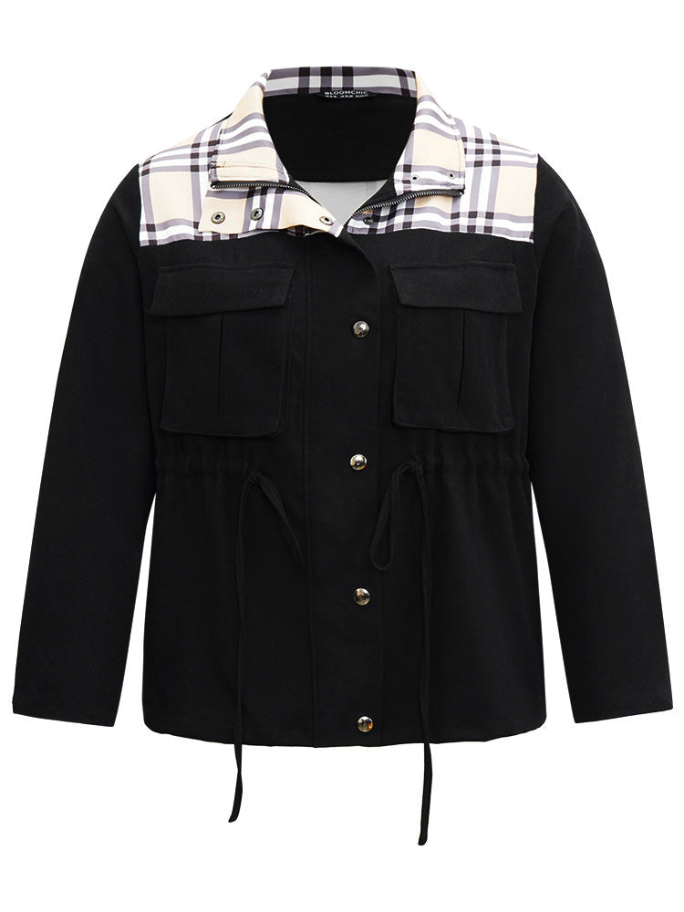 Plaid Patchwork Drawstring Zipper Fly Flap Pocket Coat