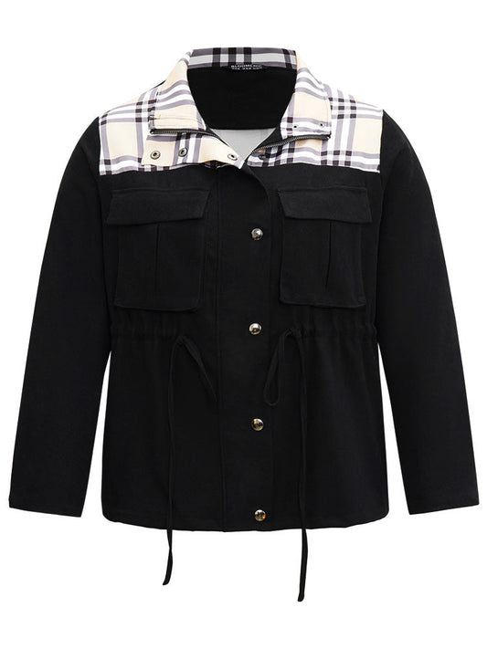 Plaid Patchwork Drawstring Zipper Fly Flap Pocket Coat