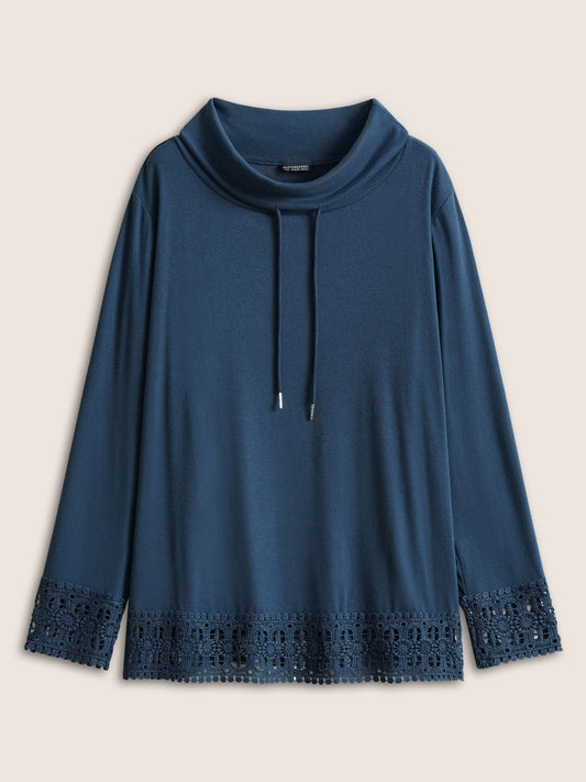 Plain Lace Patchwork Lapel Collar Drawstring T-shirt