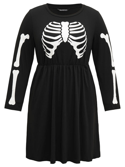 Halloween Print Round Neck Elastic Waist Dress