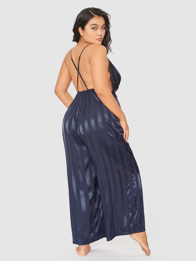 Striped Lace Trim Backless Lounge Jumpsuit