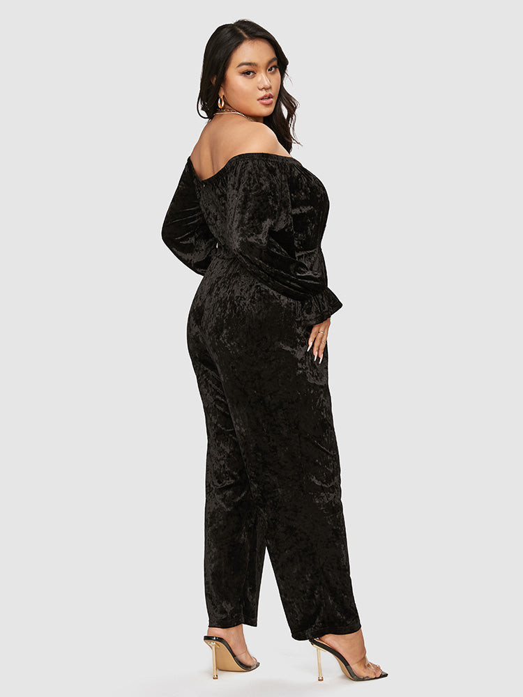 Off Shoulder Pocket Velvet Jumpsuit