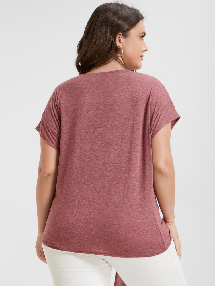 V Neck Pocket Knot Front Marled T-shirt
