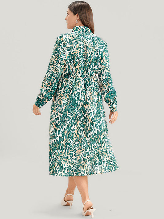 Leopard Lapel Collar Ties Side Pocket Midi Dress