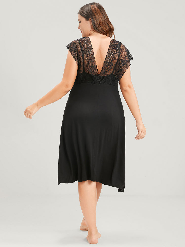 Solid Contrast Lace V Neck Backless Sleep Dress
