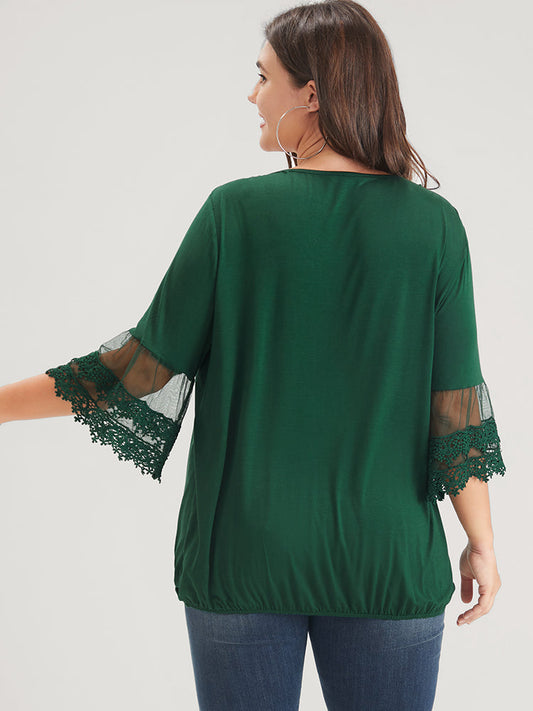 Plain Button Mesh Lace Bell Sleeve Wrap Modal T-shirt