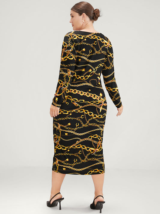 Chain Print Round Neck Bodycon Midi Dress