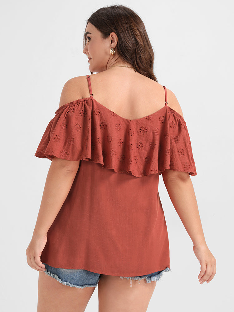 Plain Ruffles Eyelet Cold Shoulder Blouse