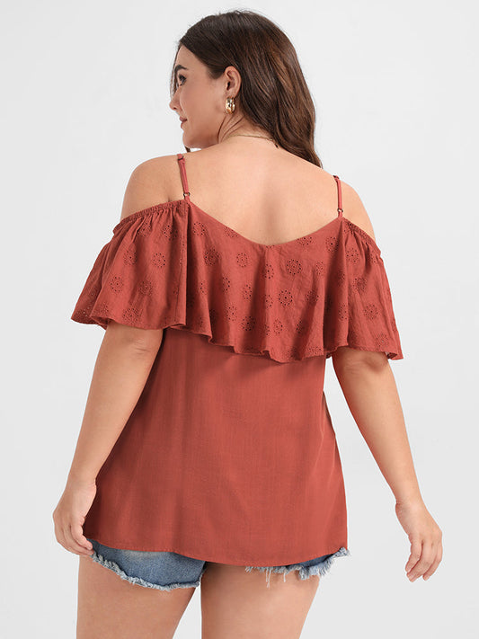 Plain Ruffles Eyelet Cold Shoulder Blouse