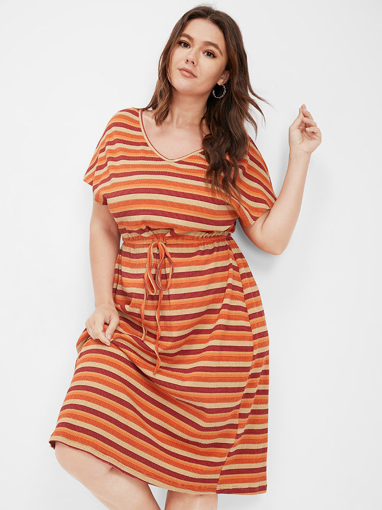 Striped Drawstring Printing Waistline Inside Dress