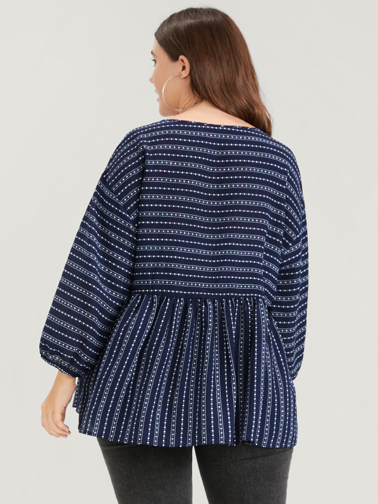 Striped Ruffles Hem Lantern Sleeve Keyhole Ties Neck Blouse