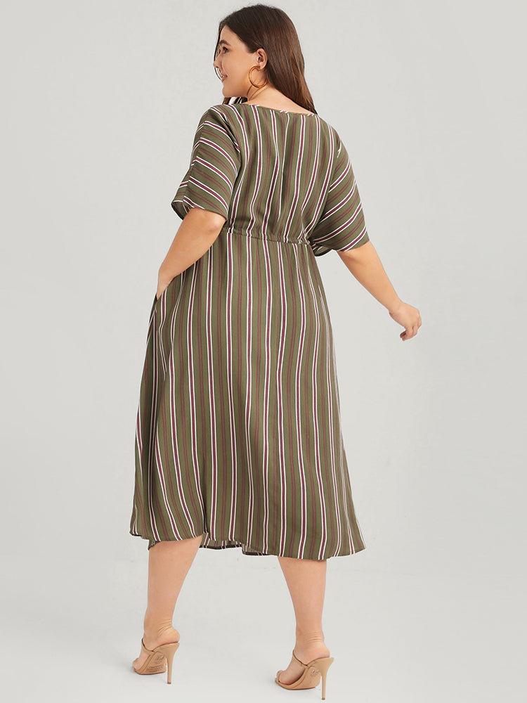 Ties Button Pocket Dolman Sleeve Striped Midi Dress