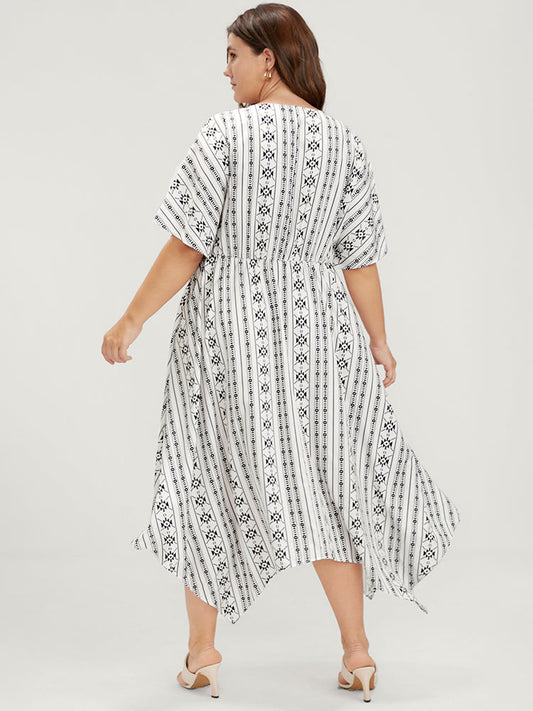 Striped Dolman Sleeve Pocket Hanky Hem  Dress