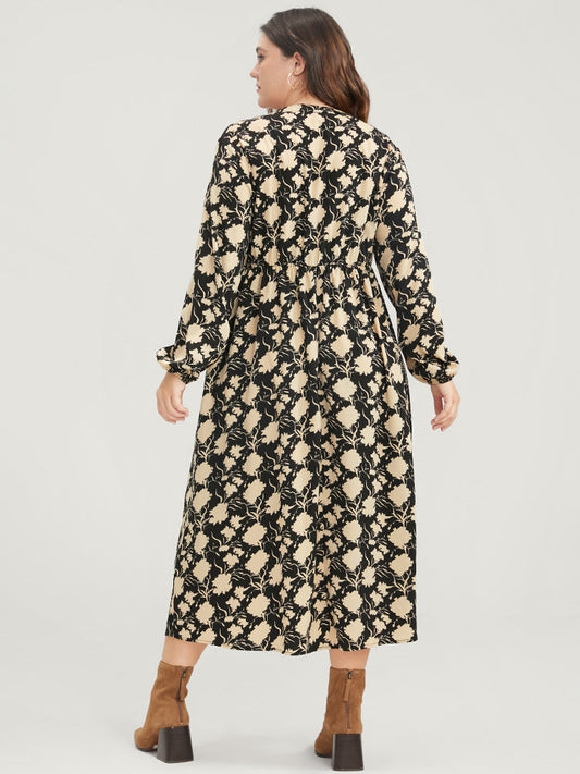 Floral Lantern Sleeve Pocket V Neck Midi Dress