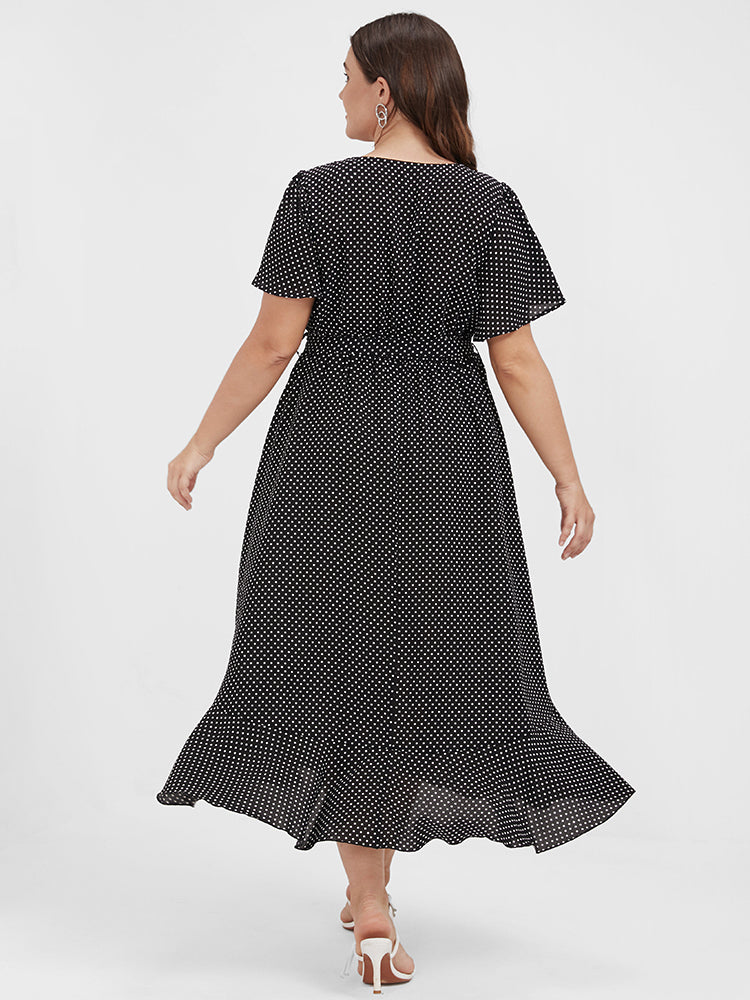 Polka Dot Flutter Trim Belted Wrap Dress