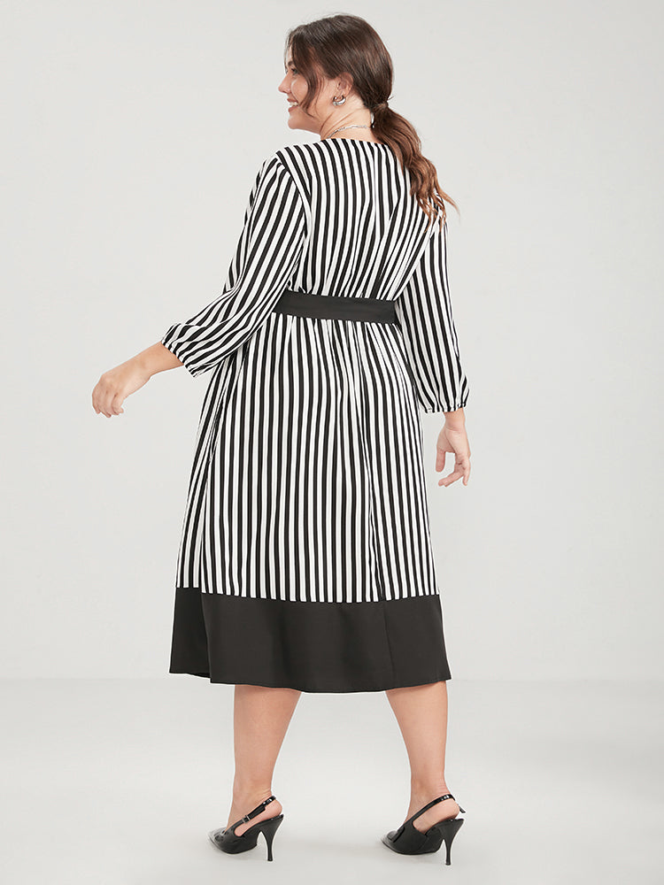 Striped Contrast Patchwork Lantern Sleeve Pocket Belted Wrap Dress