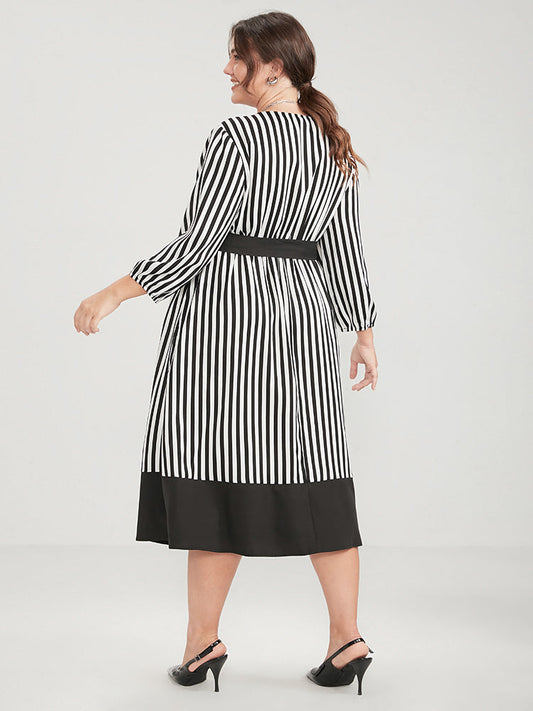 Striped Contrast Patchwork Lantern Sleeve Pocket Belted Wrap Dress