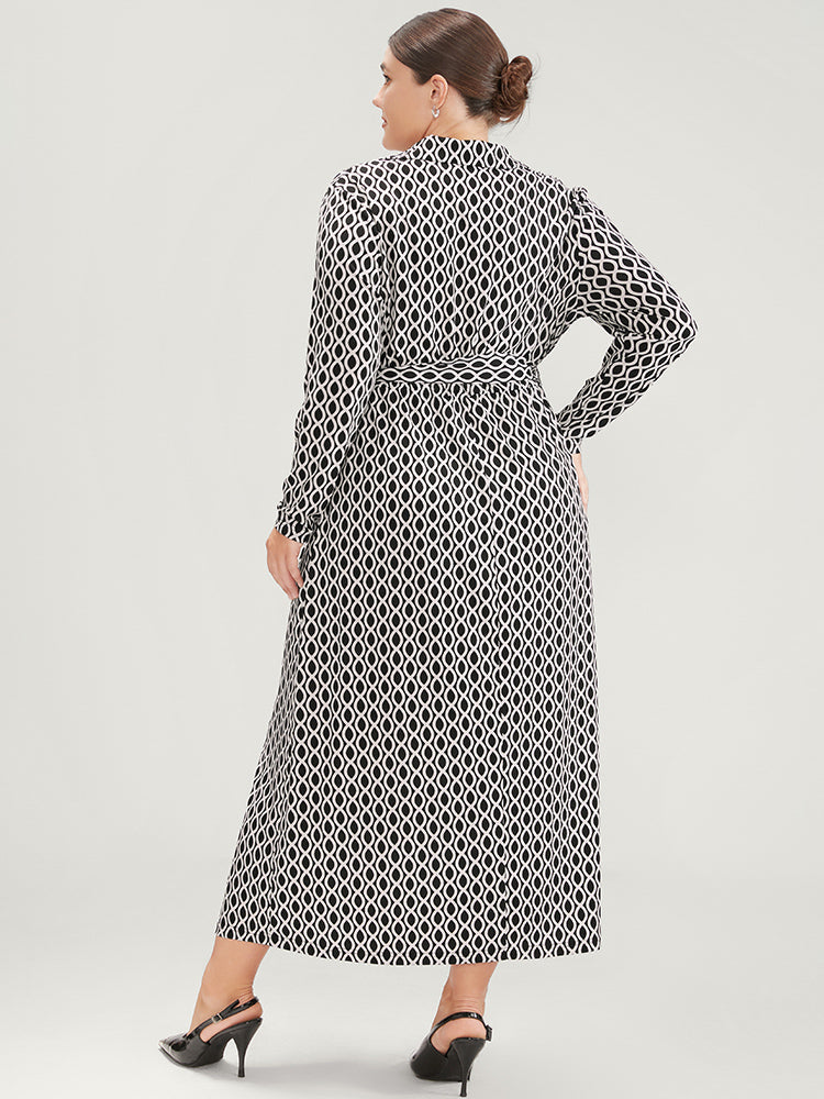 Geometric Pocket Button Belted Surplice Neck Split Dress