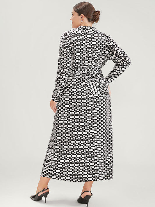 Geometric Pocket Button Belted Surplice Neck Split Dress