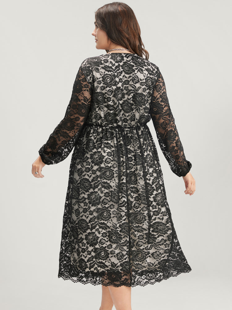 Floral Lace Mesh Lantern Sleeve Pocket Wrap Midi Dress