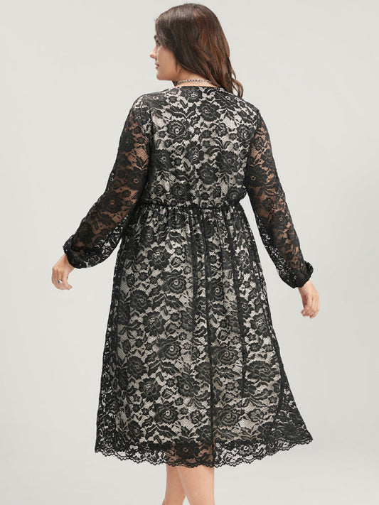 Floral Lace Mesh Lantern Sleeve Pocket Wrap Midi Dress