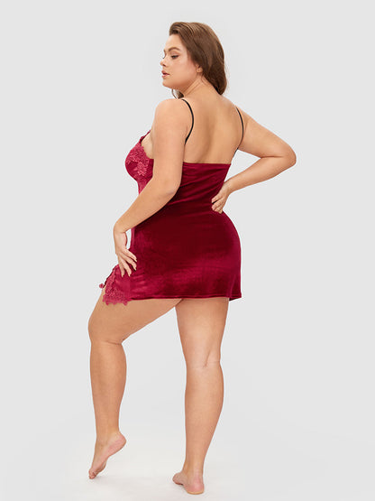 Floral Lace Trim Velvet Lounge Dress