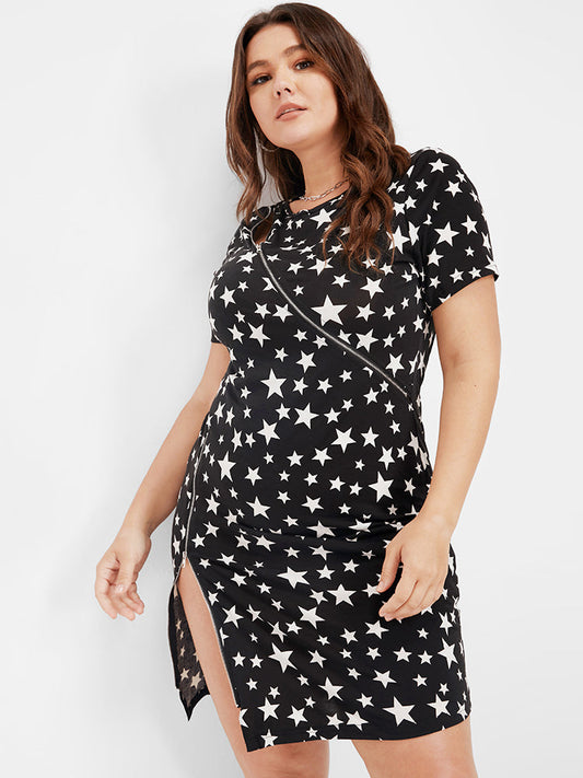 Star Print Zip Up  Bodycon Short Dress