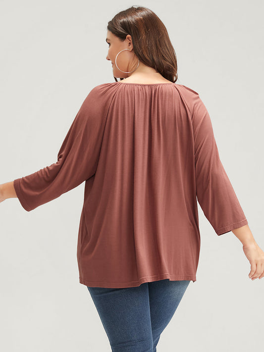 Plain Round Neck Button Modal T-shirt