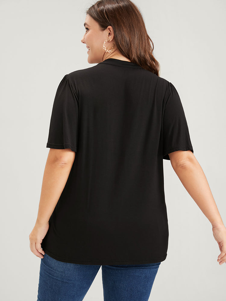 Plain Lace Insert Ruffles Keyhole Button Mock Neck  T-shirt