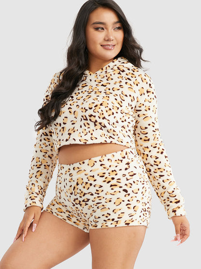Leopard Print Hooded Top & Shorts Lounge Set