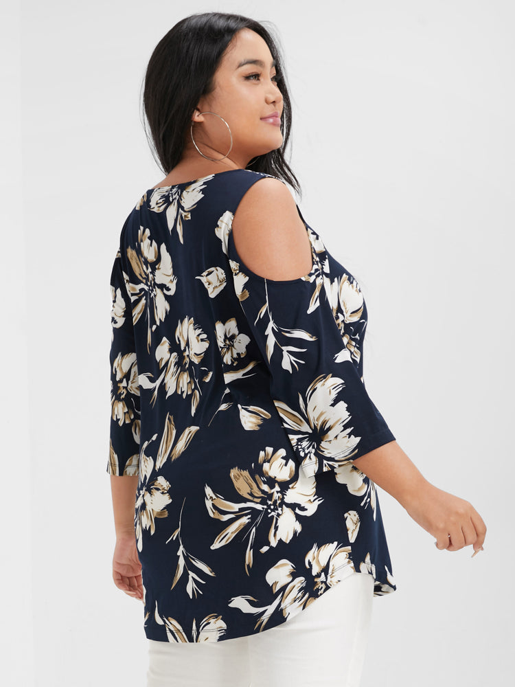 Floral Print Ruffles Cold Shoulder T-shirt