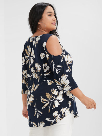 Floral Print Ruffles Cold Shoulder T-shirt