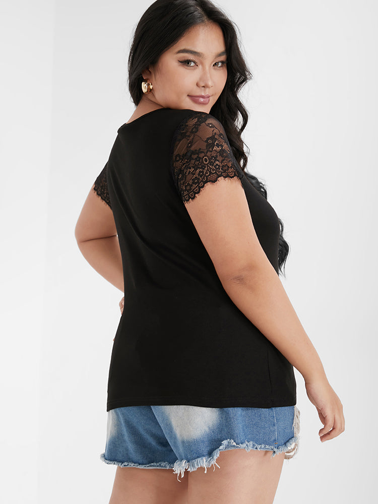 Solid Lace Sleeve Notched T-shirt