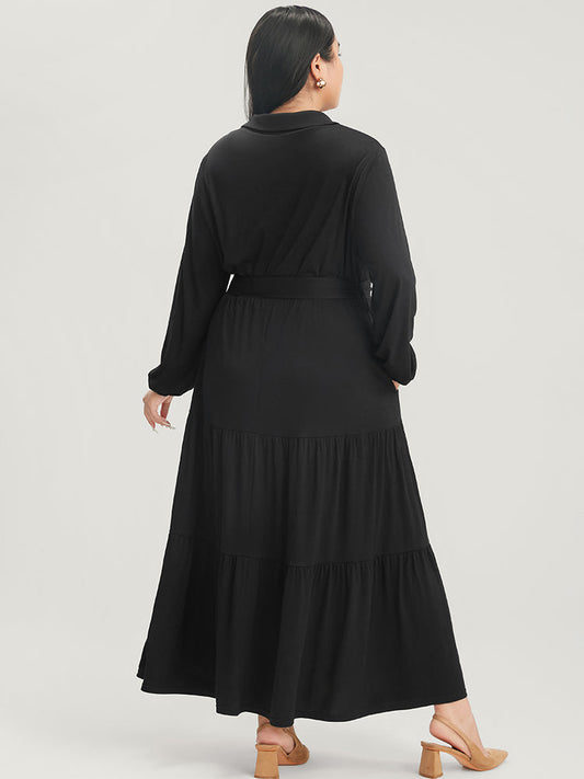 Solid Pocket Button Up Lantern Sleeve Belted Lapel Collar Dress