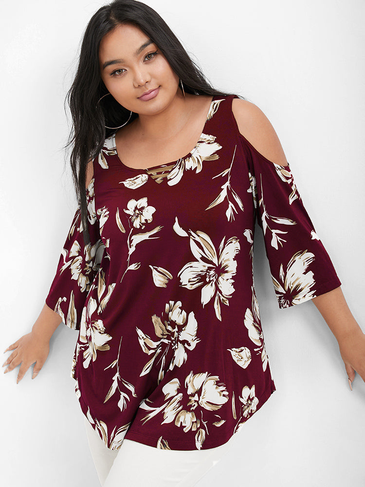 Floral Print Ruffles Cold Shoulder T-shirt