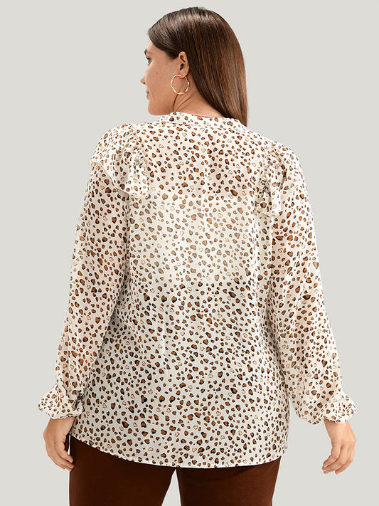 Leopard Mesh Ruffle Trim Button Up Blouse