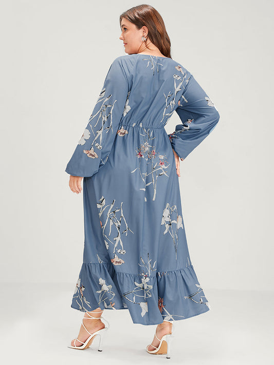 Floral Wrap Tie Pocket Lantern Sleeve Ruffle Hem Maxi Dress