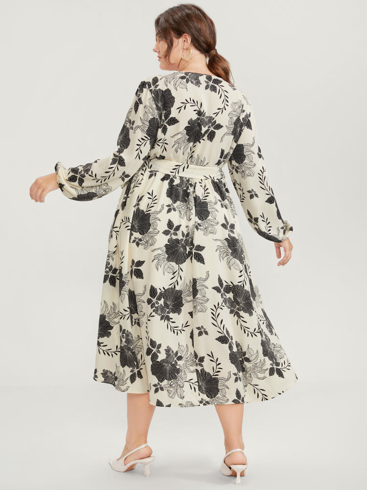 Floral Print Lantern Sleeve Pocket Split Belted Dress