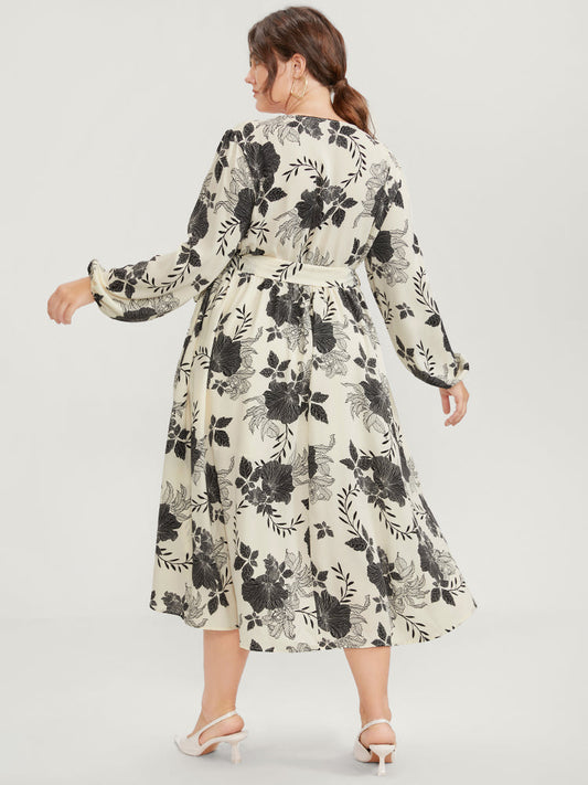 Floral Print Lantern Sleeve Pocket Split Belted Dress