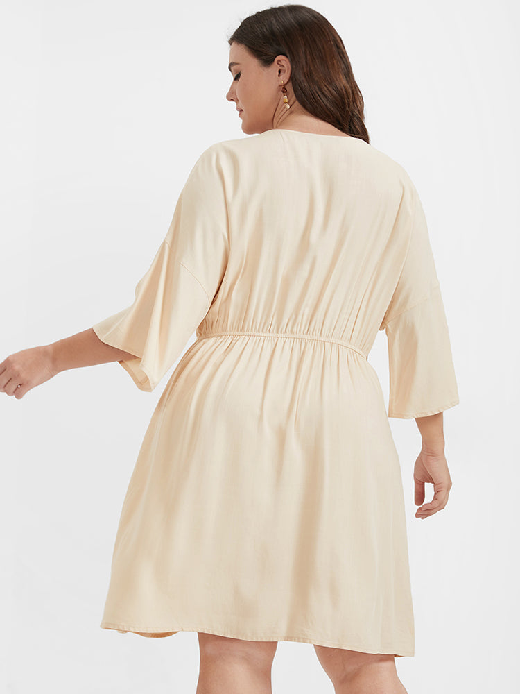 Plain Button Dolman Sleeve V Neck Knee Dress