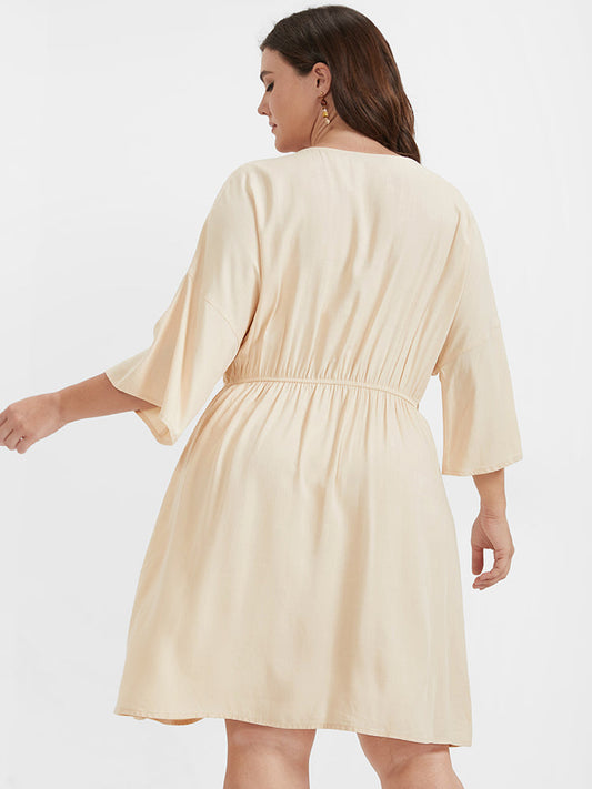 Plain Button Dolman Sleeve V Neck Knee Dress