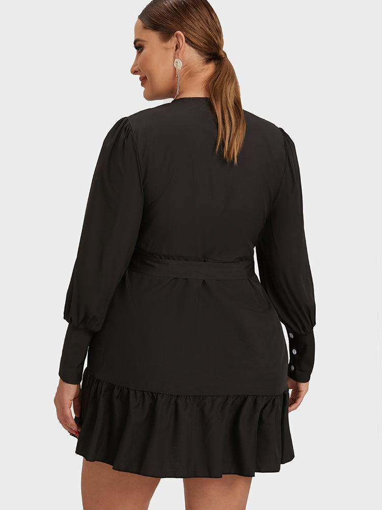 Lantern Sleeve Ruffled Wrap Knot Dress