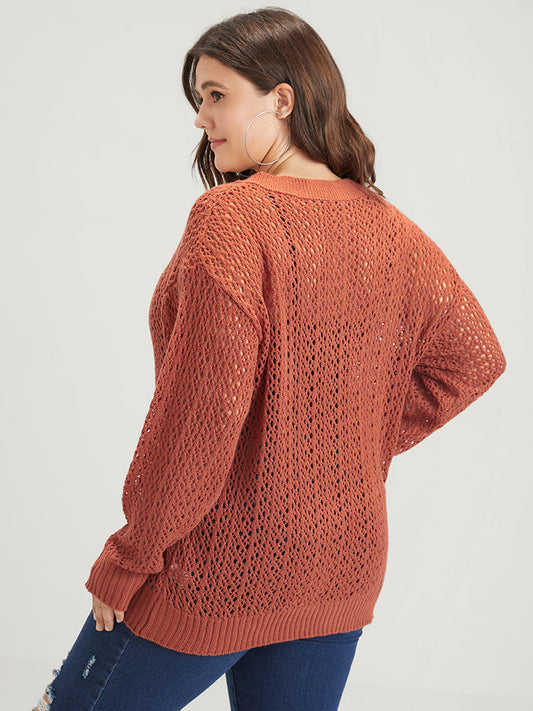 Plain Pointelle Knit V Neck Crochet Knit Top