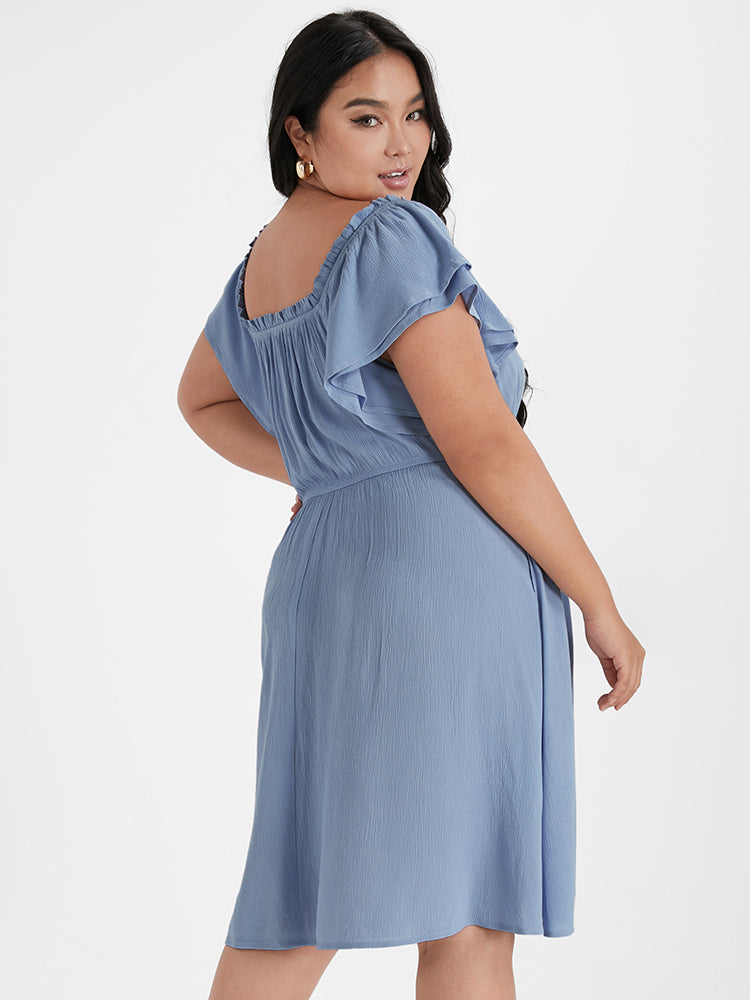 Plain Square Neck Frill Trim Pocket Midi Dress