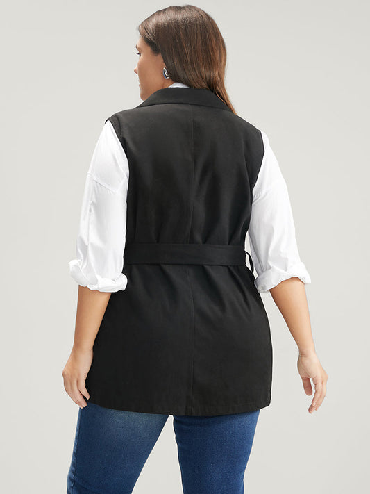 Solid Flap Pocket Sleeveless Belt Blazer