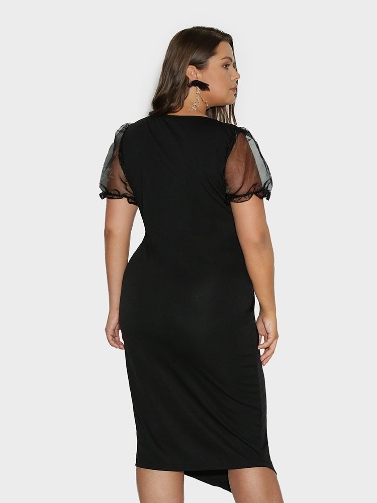 Mesh Puff Sleeve Split Hem Dress