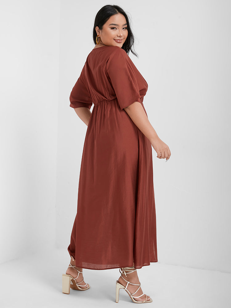 Plain V Neck Gathered Button Pocket Maxi Dress