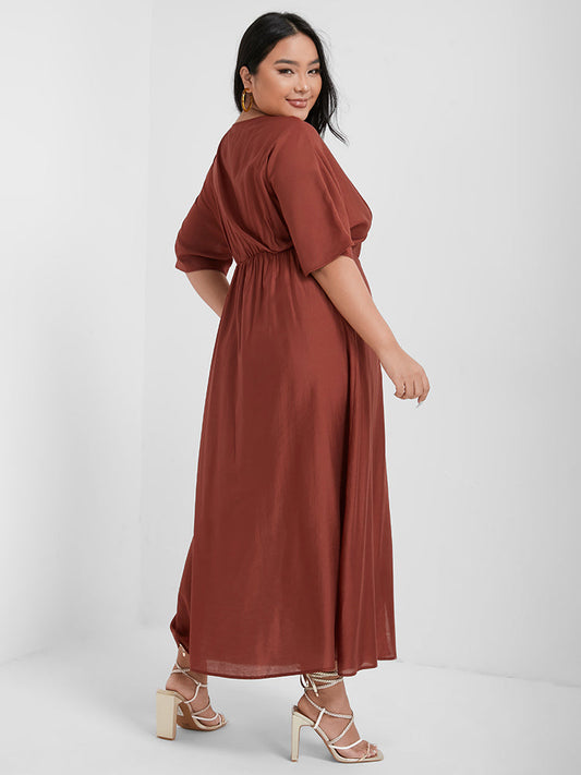 Plain V Neck Gathered Button Pocket Maxi Dress